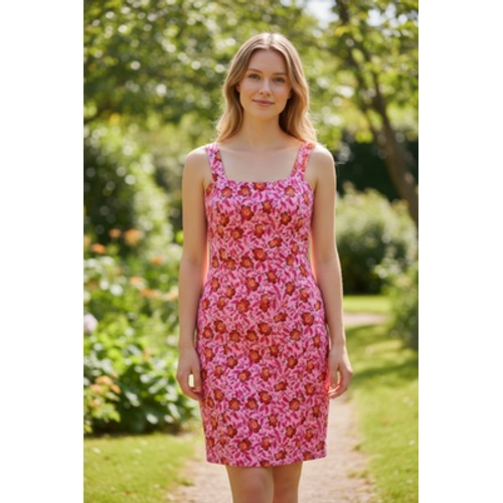 Vtg Rena Lange Dress Womens 6 Pink Floral Sleeveless Silk Sheath Made Germany
